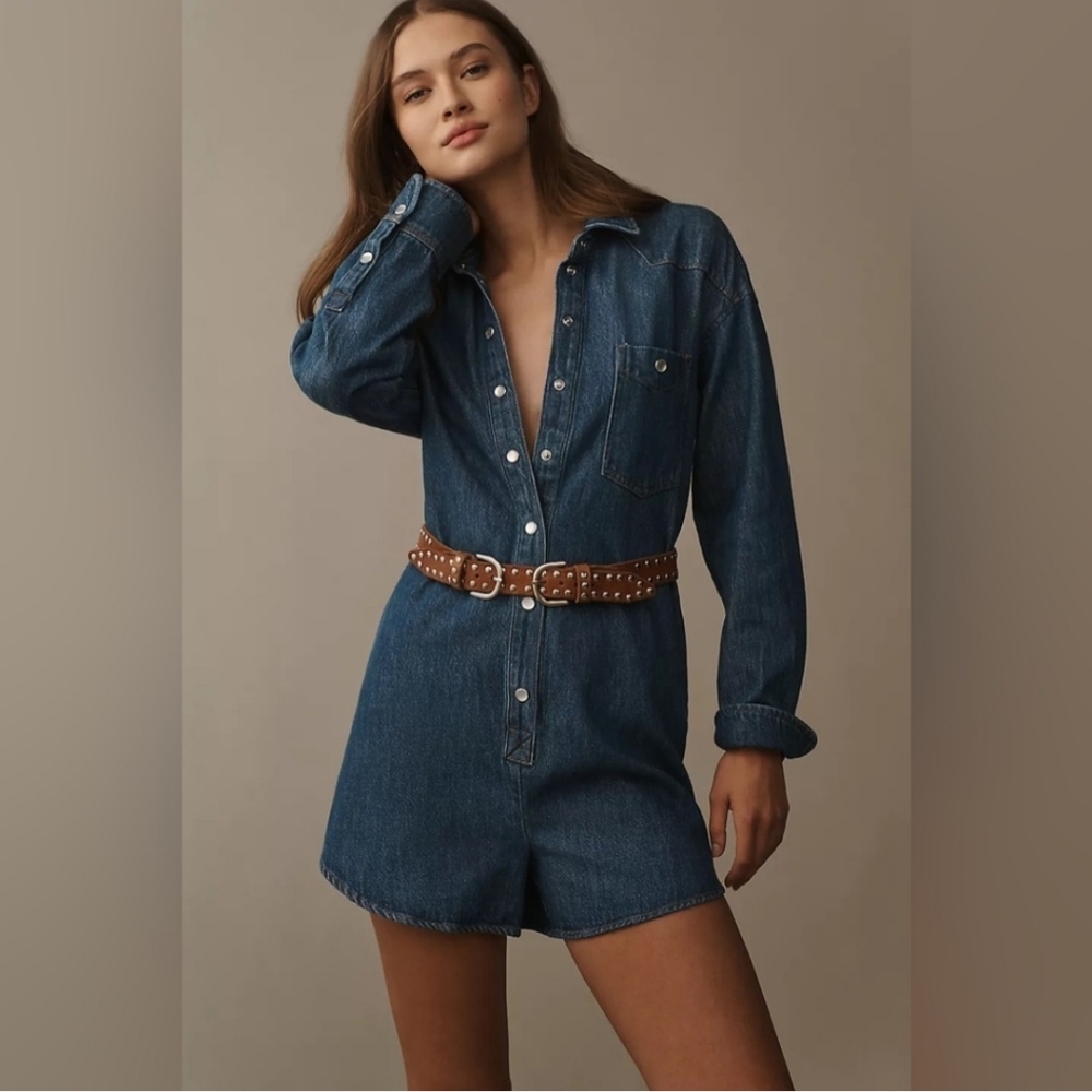 Anthropologie Pilcro Long Sleeve Jean Denim Collared Button Snap Romper XL - Picture 13 of 13